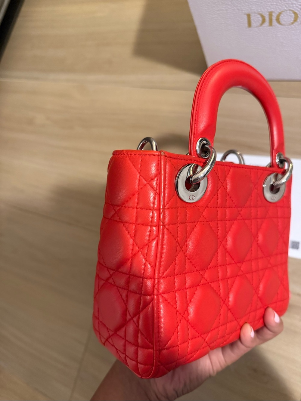 Dior Red Quilted Lady Mini Tote with Silver Hardware - Picture 7 of 13